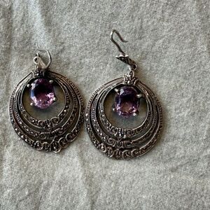 Art Nouveau Sterling Silver and Lilac Amethyst Surrounded by Marcasite Earrings